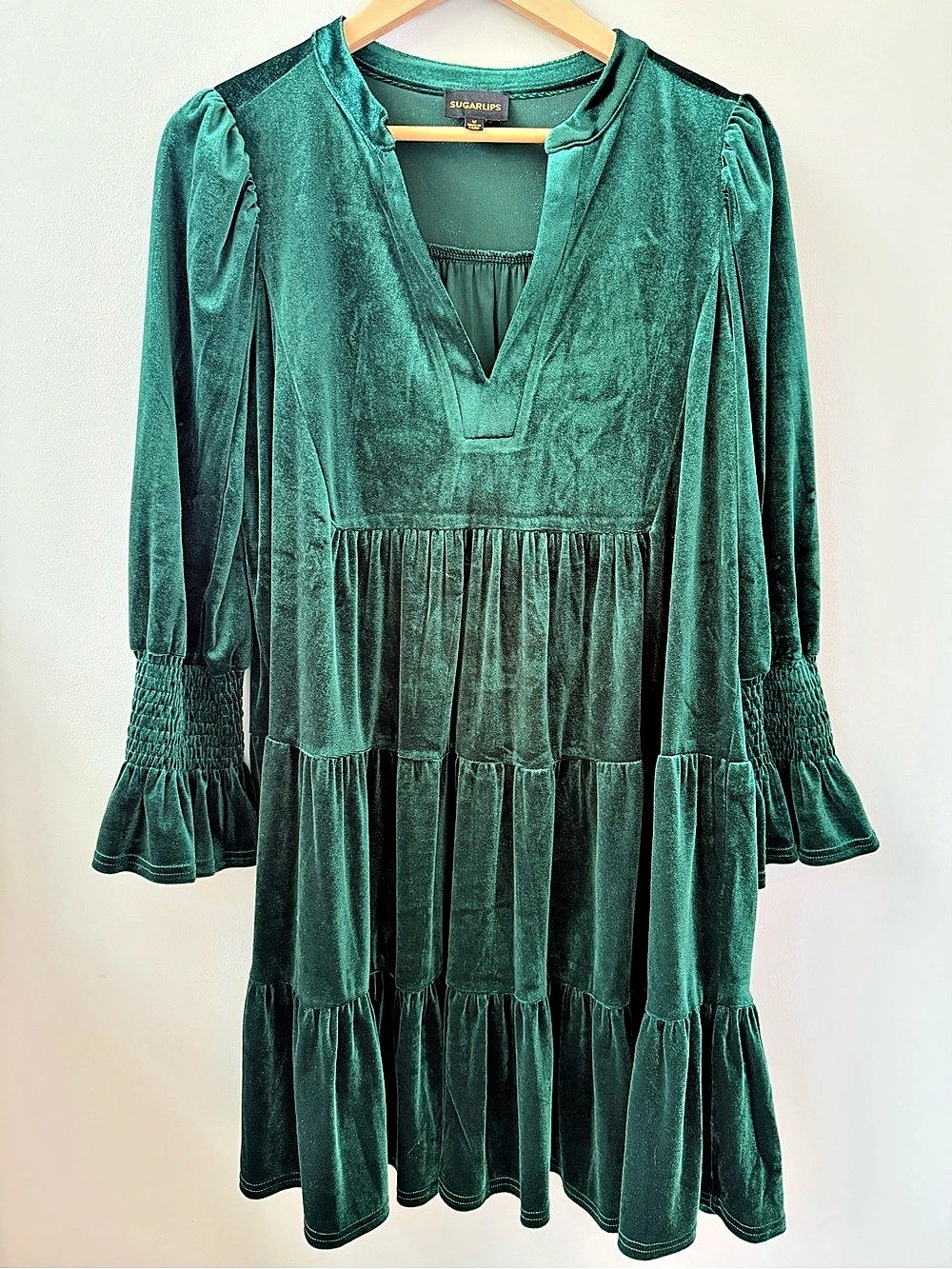 SugarLips Velvet Tiered Midi Dress in Green